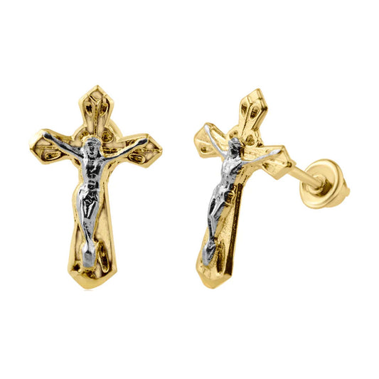 Earrings - 14K Solid Gold. Jesus Christ Crucifix Cross Stud Small Earrings