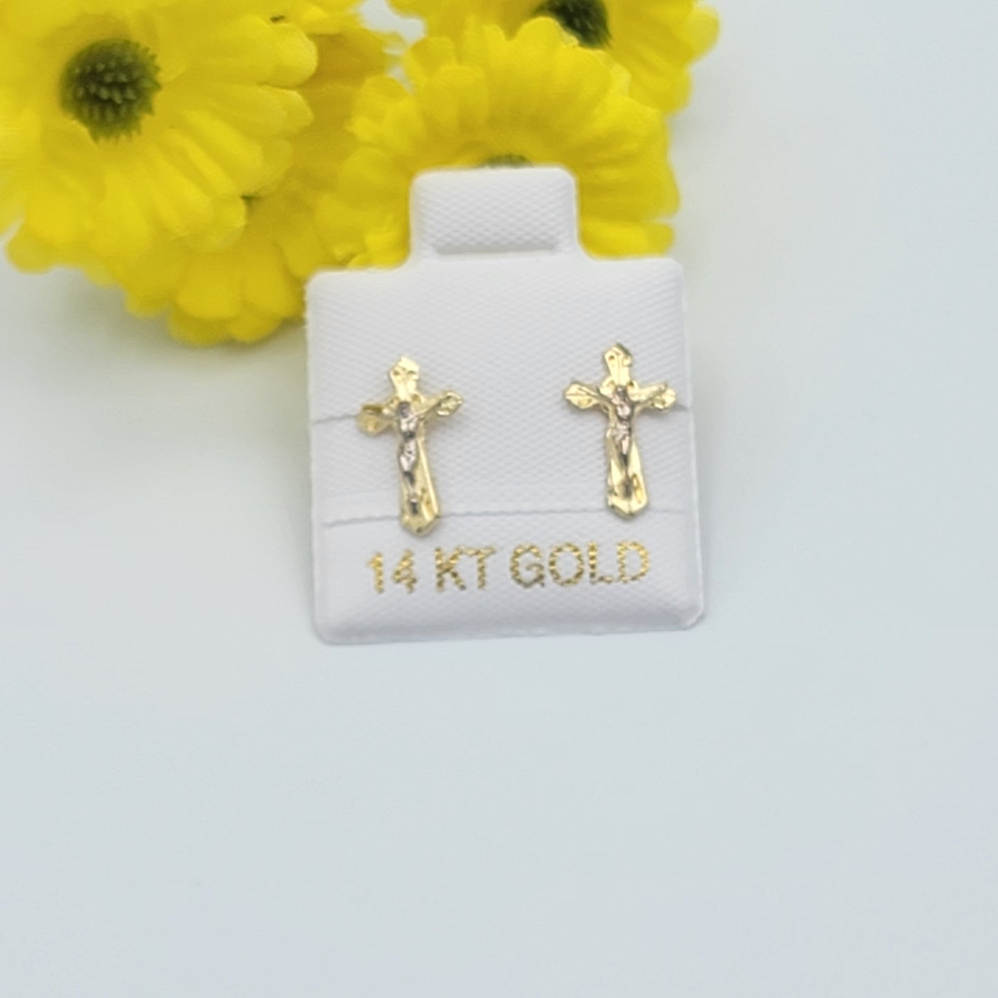 Earrings - 14K Solid Gold. Jesus Christ Crucifix Cross Stud Small Earrings