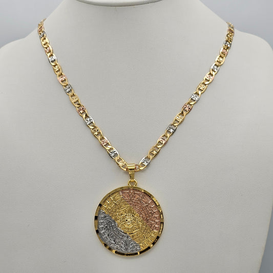 Necklaces - Tri Color Gold Plated. Aztec Mexica Calendar Pendant & Chain Necklace.