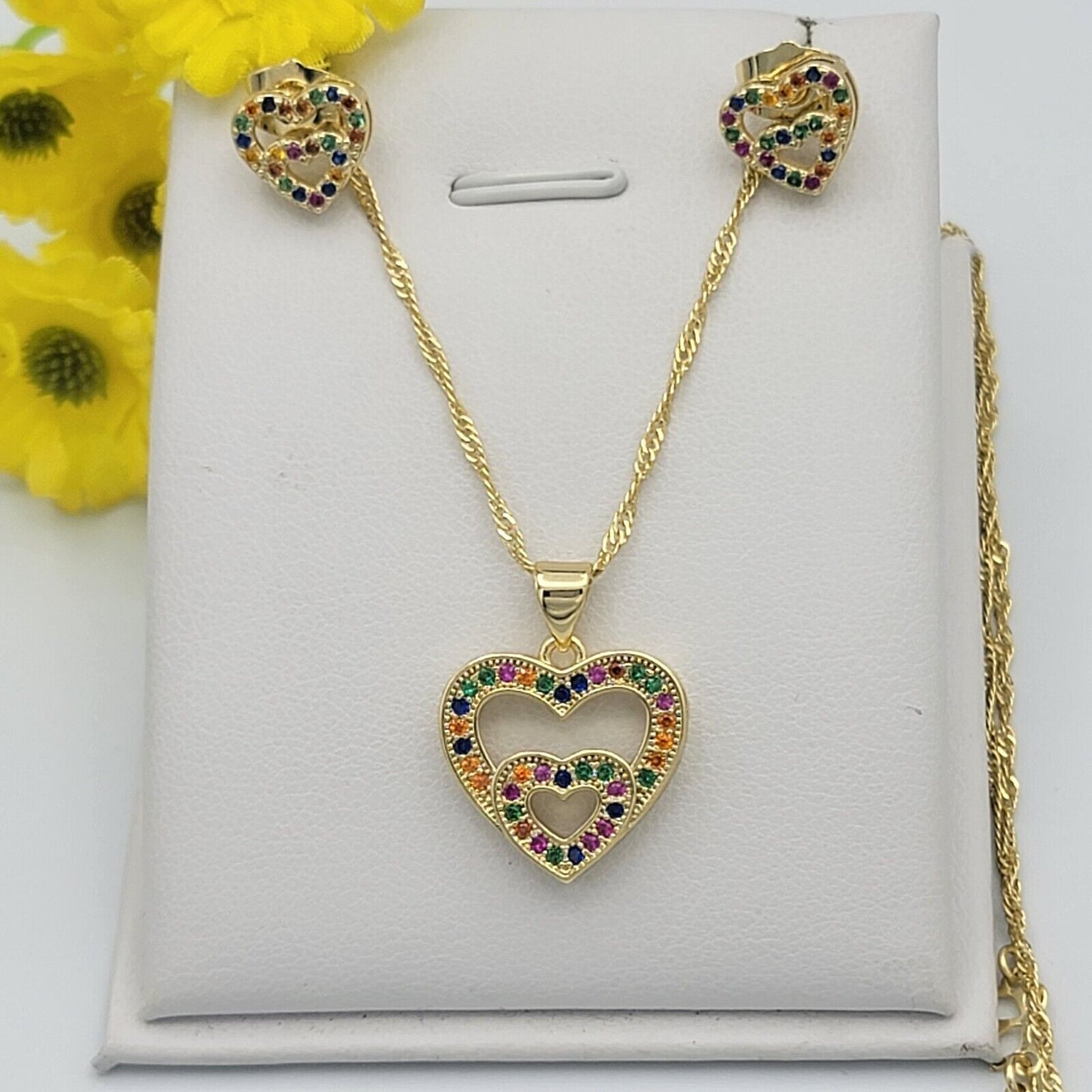 Sets - 14K Gold Plated. Double Heart Multicolor Crystals Set.