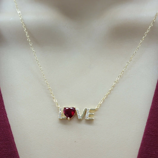 Necklaces - 14K Gold Plated. LOVE Word Red Heart Cubic Zirconia CZ Crystal Necklace.