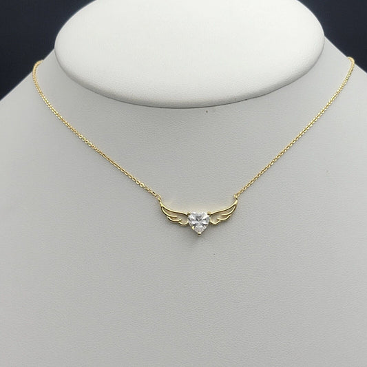 Necklaces - 14K Gold Plated. Crystal Heart W Angel Wings- Protection Necklace