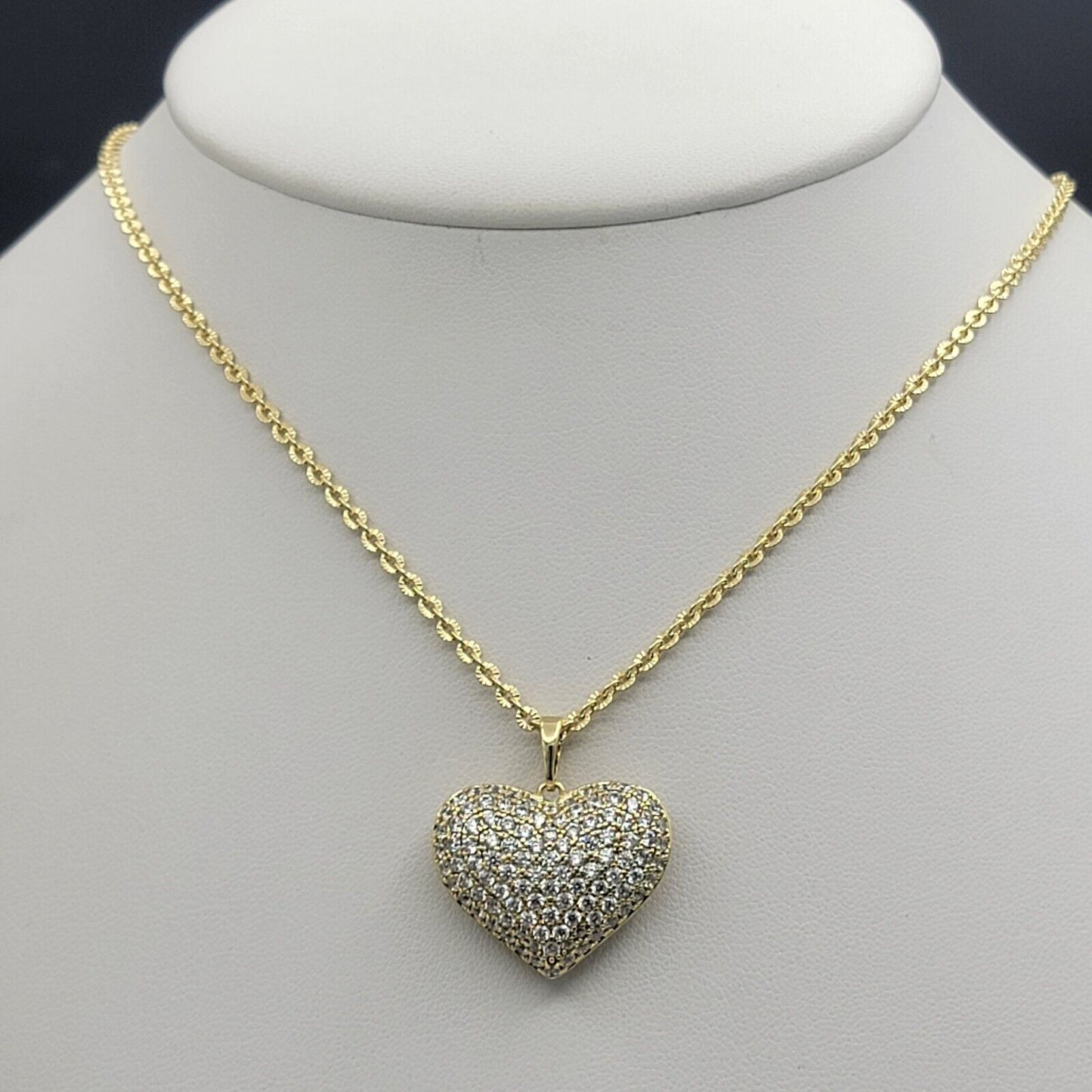 Necklaces - 14K Gold Plated. Crystal Puffed Icy LOVE HEART Pendant & Chain.