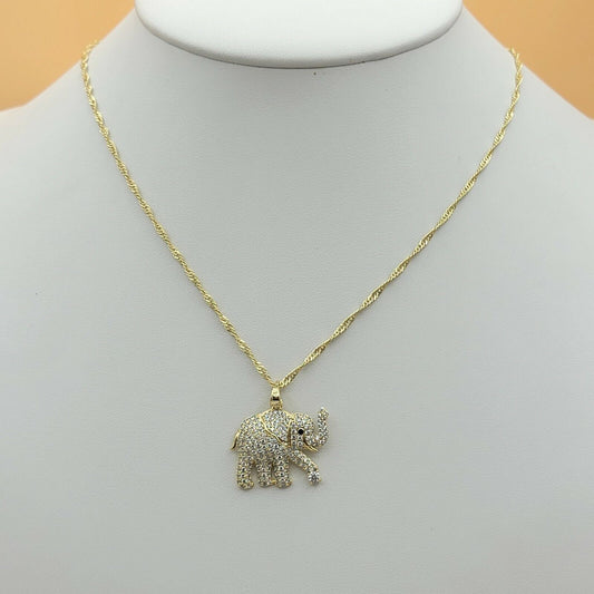 Necklaces - 14K Gold Plated. Elephant with CZ Pendant & Chain.