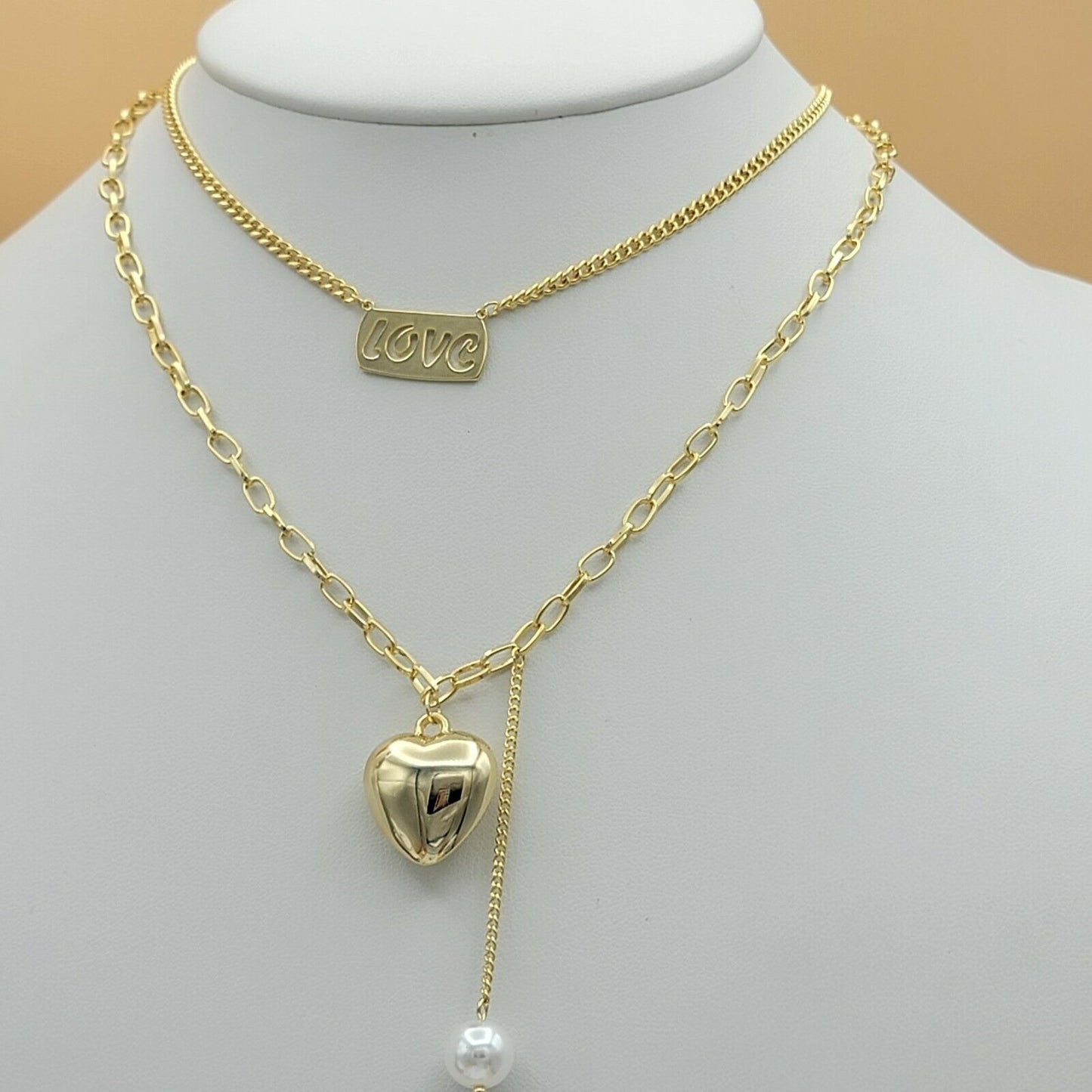 Necklaces - 14K Gold Plated. Love & Heart Double Layer Necklace. 2 Chains - Choker