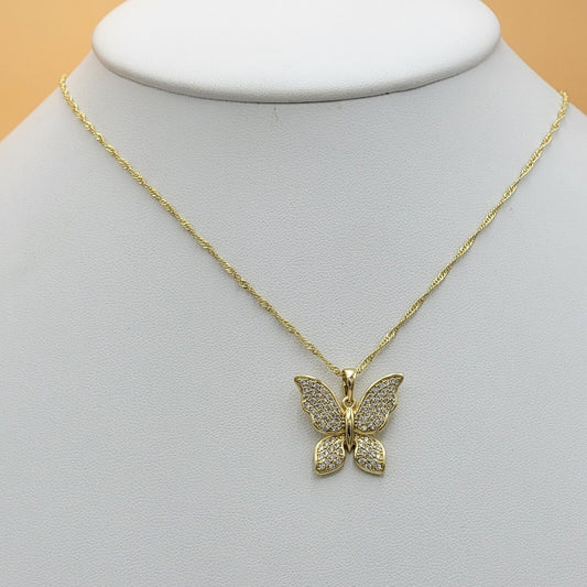 Necklaces - 14K Gold Plated. Icy Butterfly Pendant & Chain.