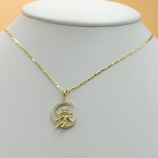 Necklaces - 14K Gold Plated. My Guardian Angel Moon Pendant & Chain.