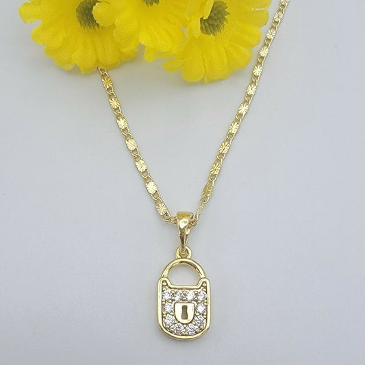 Necklaces - 14K Gold Plated. Lock Padlock Charm Pendant & Chain.