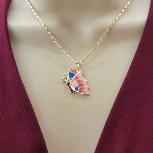 Necklaces - 18K Gold Plated. Multicolor Flying Butterfly Pendant & Chain.