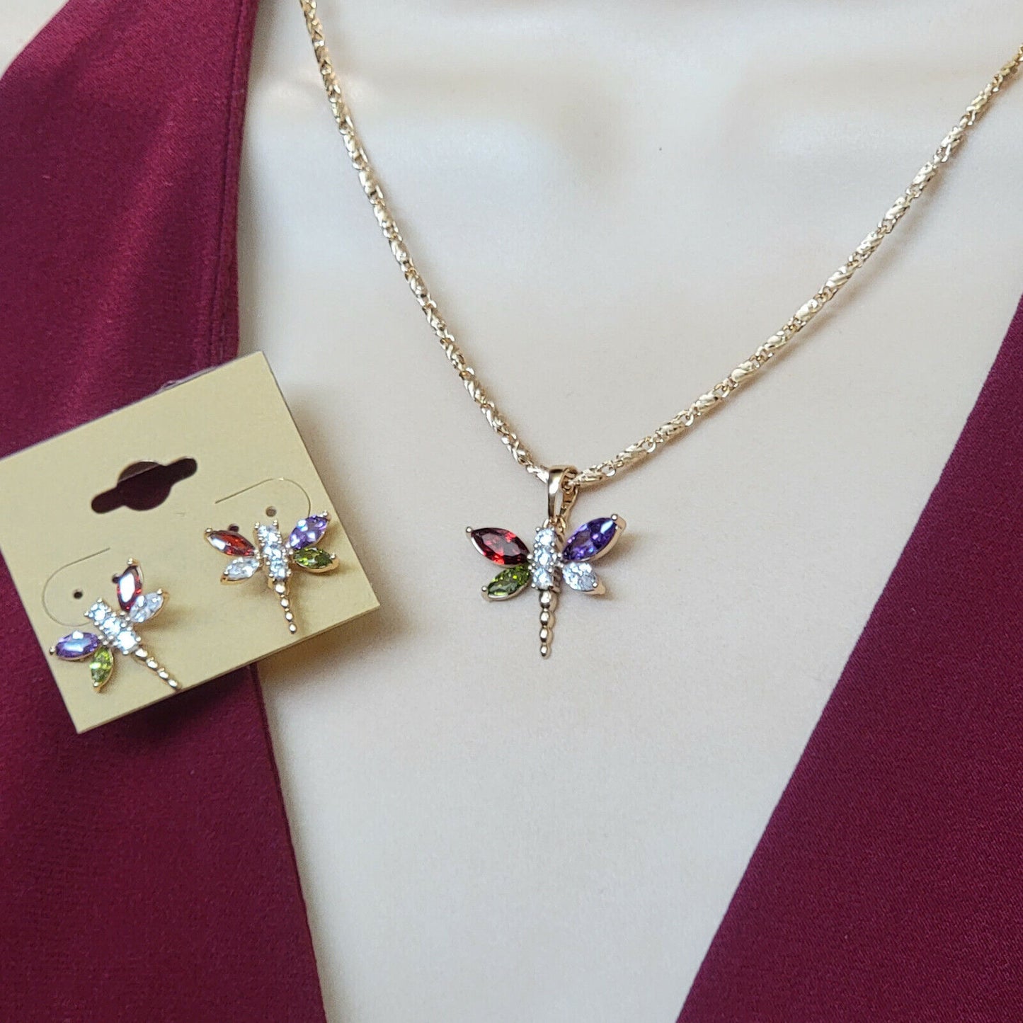 Necklaces - 18K Gold Plated. Beautiful Multicolor crystals Dragonfly Set
