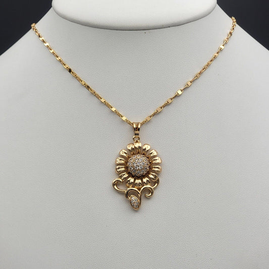 Necklaces - 18K Gold Plated. CZ Sunflower Pendant & Chain.