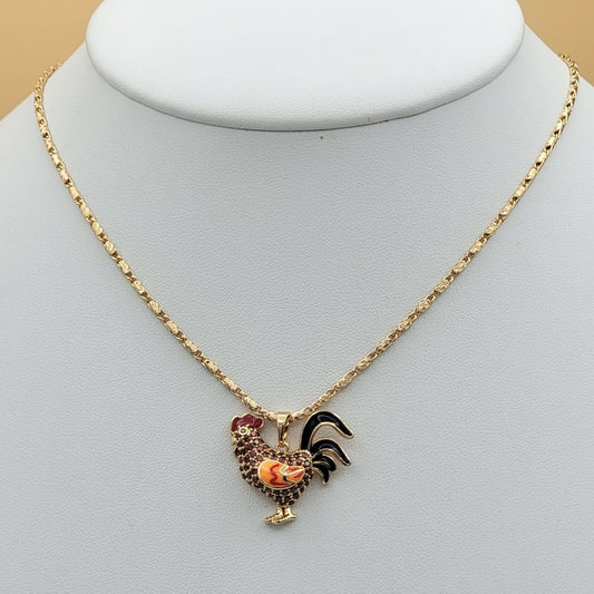 Necklaces - 18k Gold Plated. Multicolor CZ Rooster Pendant & Chain.