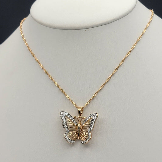 Necklaces - 18K Gold Plated. Clear Crystals Flying Butterfly Pendant & Chain.