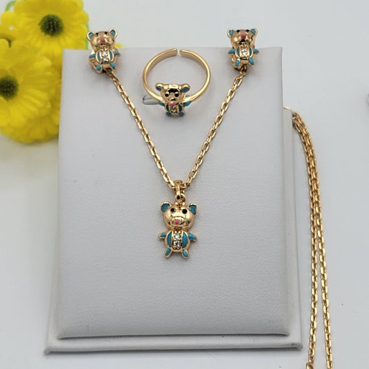 Sets - 18K Gold Plated. Blue Bear Teddy Necklace - Earrings - Ring Set. For Kids. Girls