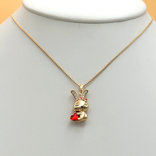 Necklaces - 18K Gold Plated. Rabbit Bunny Pendant & Chain - Red Heart Crystal Bow