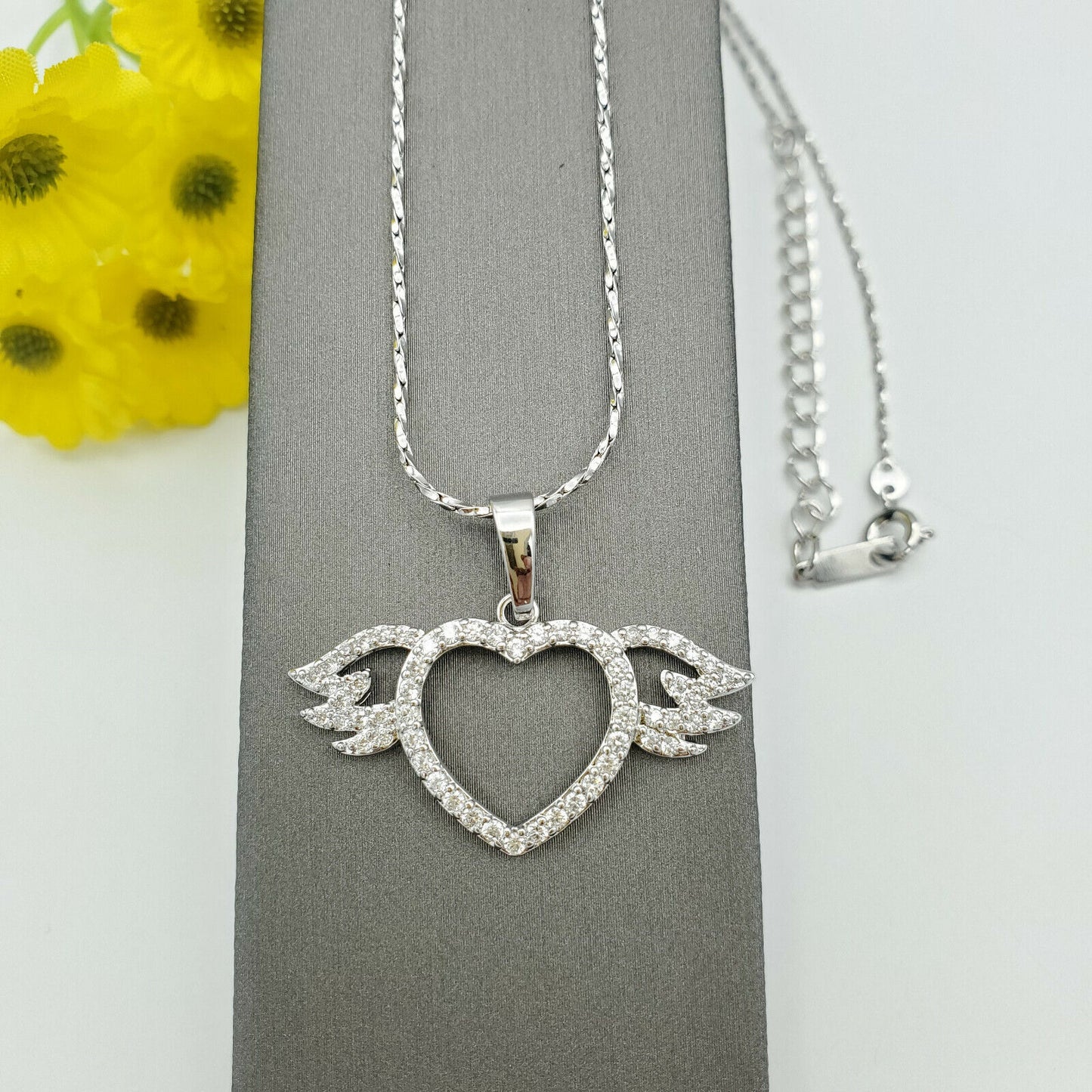 Necklaces - Rhodium Plated. Heart w Angel Wings Memorial Pendant & Chain