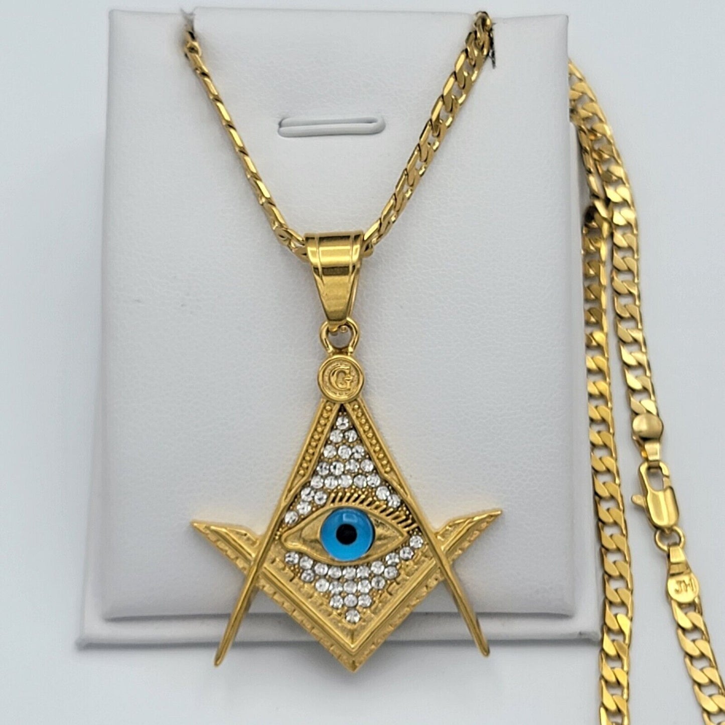 Necklaces - 24K Gold Plated. Masonic Square and Compasses Eye of Providence Pendant & Chain.