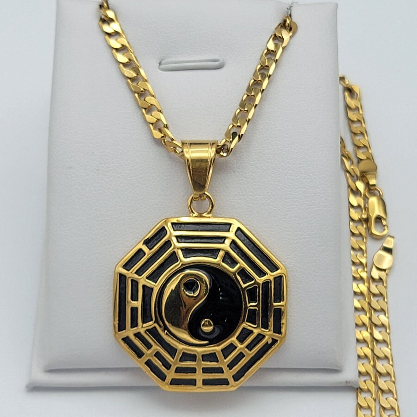 Necklaces - 24K Gold Plated. Two Tones Yin & Yang Taiji Bagua Pendant & Chain.