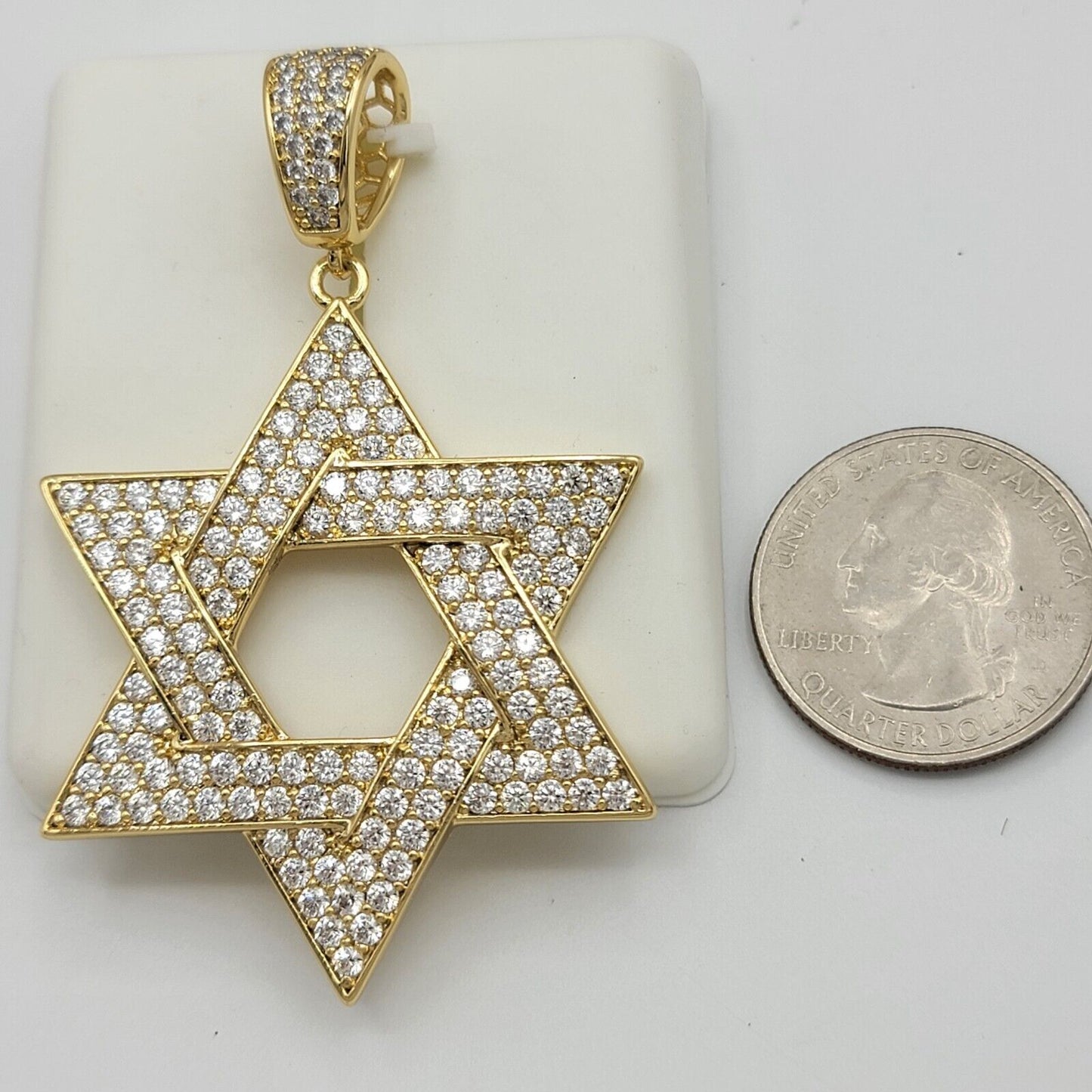Necklaces - 14K Gold Plated. Hexagon 6 Point Icy Star Of David Cross Pendant & Chain.