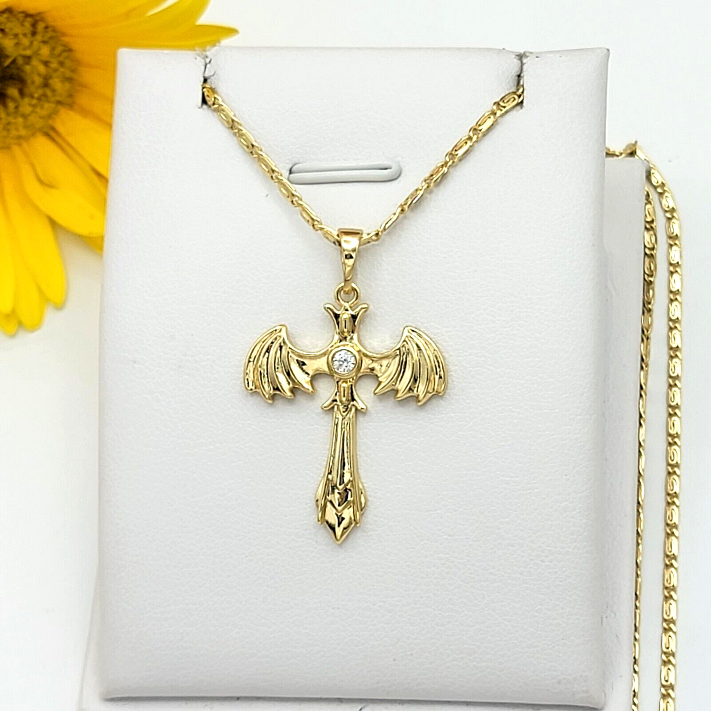 Necklaces - 14K Gold Plated. Cross with Wings Heart Angel Pendant & Chain.