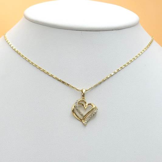 Necklaces - 14K Gold Plated. Crystal Double HEART Pendant & Chain.