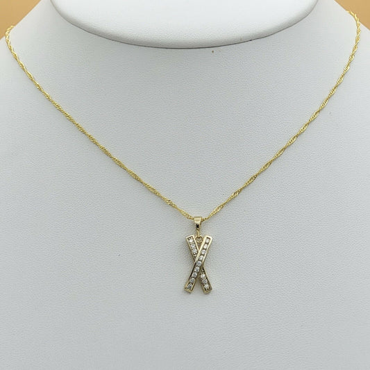 Necklaces - 14K Gold Plated. Icy crystal X Cross Ribbon Pendant & Chain.