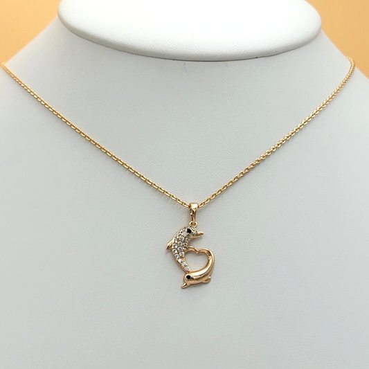 Necklaces - 18K Gold Plated. Heart Couple Dolphin Pendant & Chain.