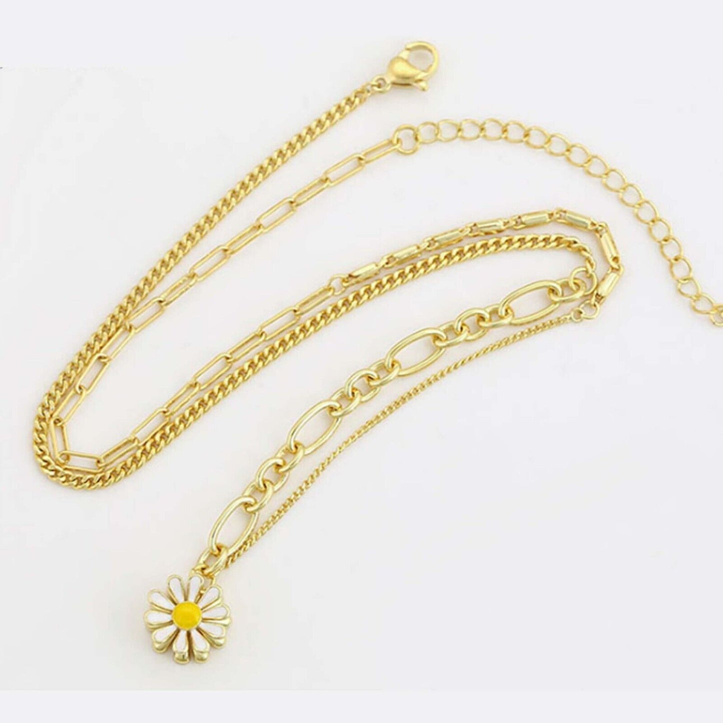 Necklaces - 14K Gold Plated. White Daisy Flower Charm Pendant Fancy Chain Necklace