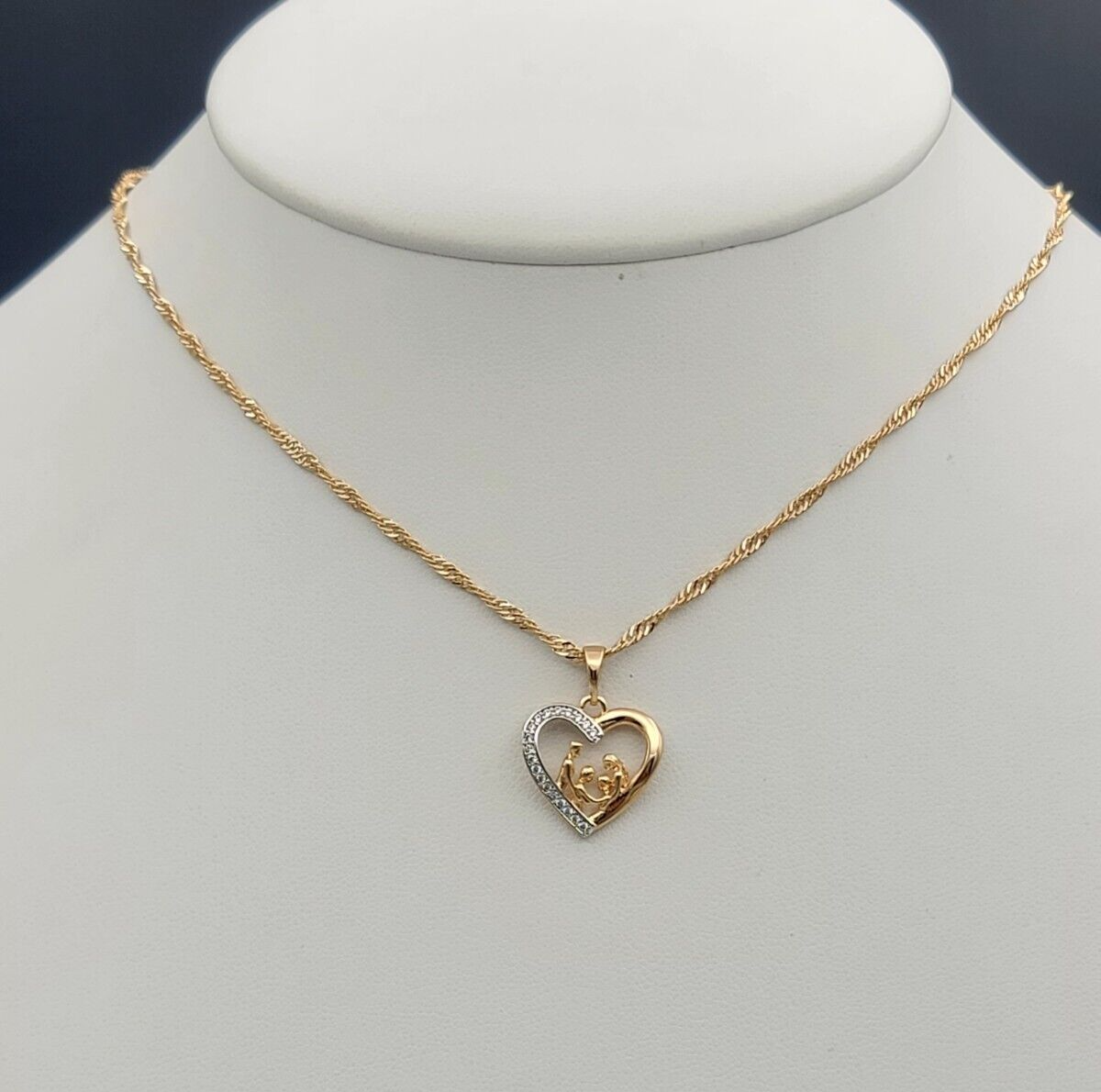 Necklaces - 18K Gold Plated. CZ Heart Family. Mom Dad Daughter Son Pendant & Chain.