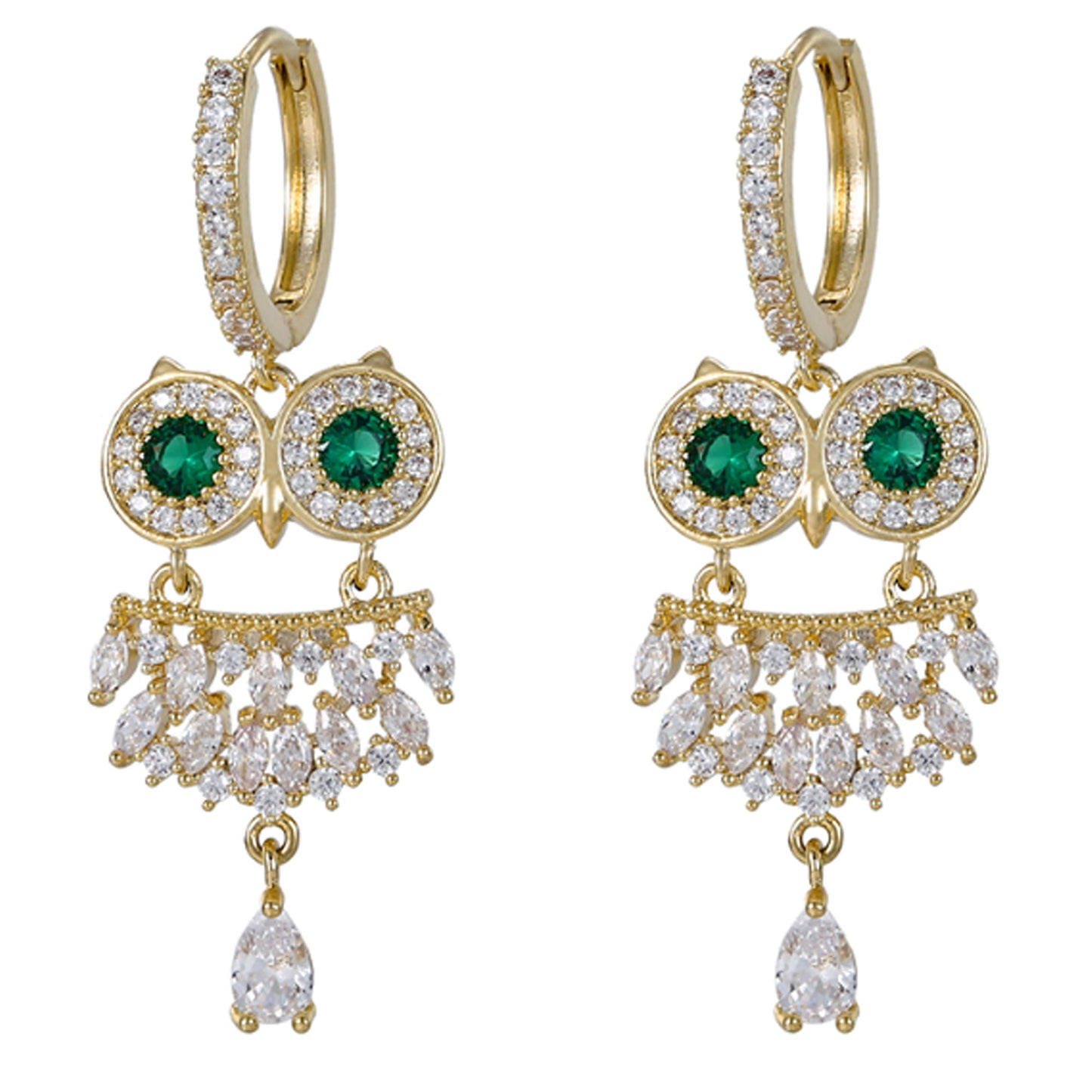 Earrings - 14K Gold Plated.  Owl with Crystals. Luxury.