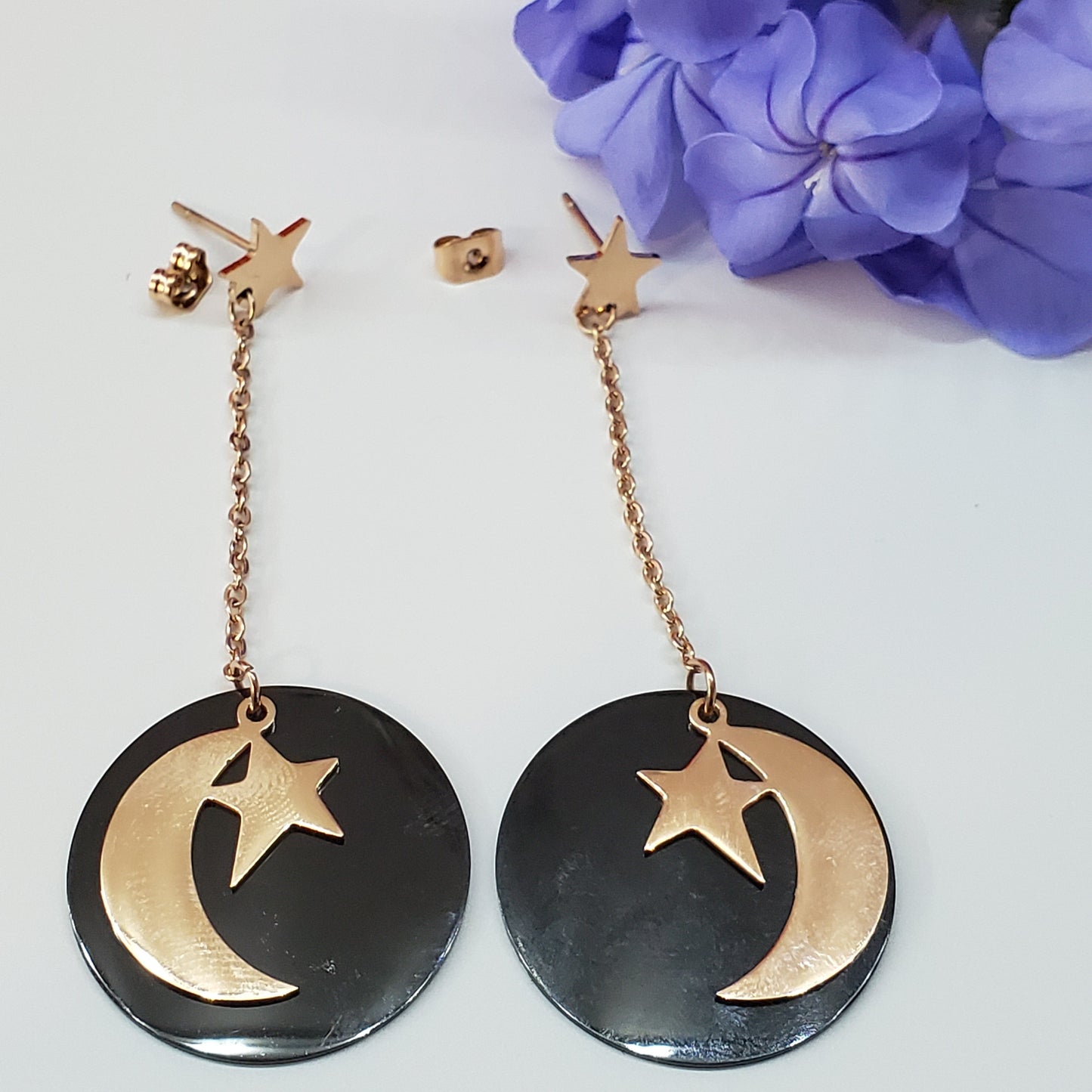 Earrings - Stainless Steel. 18K Gold Plated. Long Earrings - Moon - Star. *Premium Q*