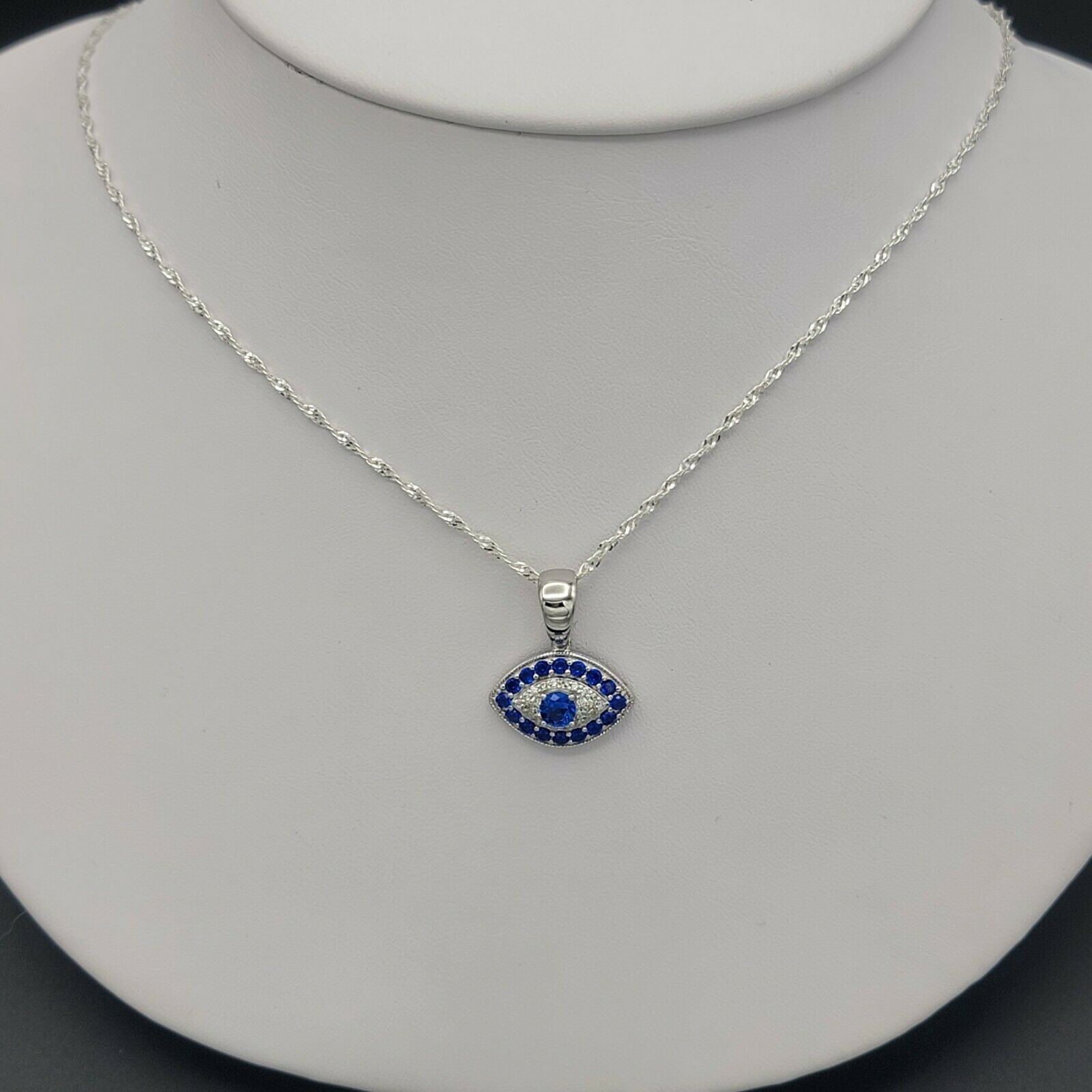 Blue Evil Eye Pendant Chain Necklace. 925 Sterling Silver.gold